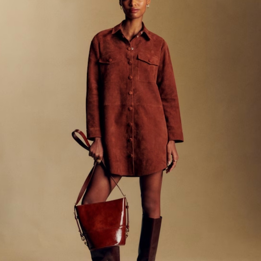 Sezane- NWT Burnt Orange Suede Mathilde Longsleeve Button Down Dress
